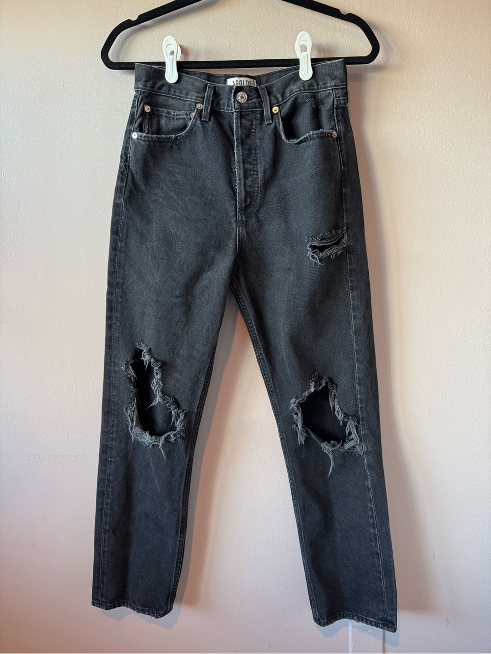 AGOLDE Women’s High Rise Button Fly Distressed 90s Black Denim Jeans Size‎ 25